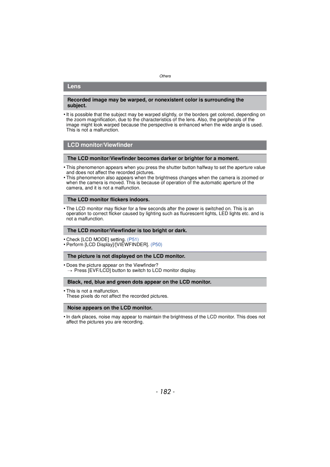 Panasonic VQT3R48, DMC-FZ47, DMCFZ47K owner manual 182, Lens, LCD monitor/Viewfinder 