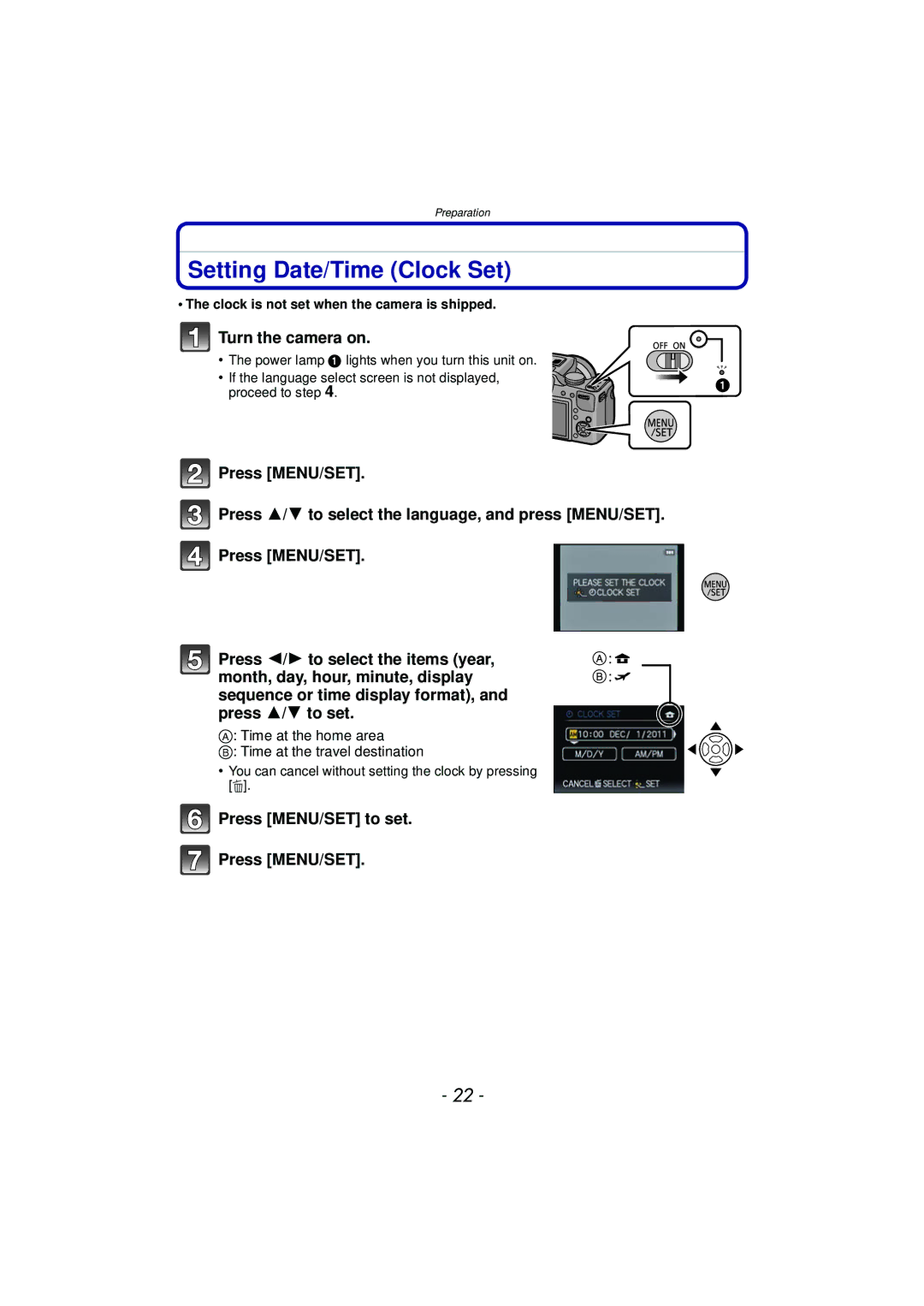 Panasonic DMCFZ47K, DMC-FZ47, VQT3R48 owner manual Setting Date/Time Clock Set, Turn the camera on, Press MENU/SET to set 