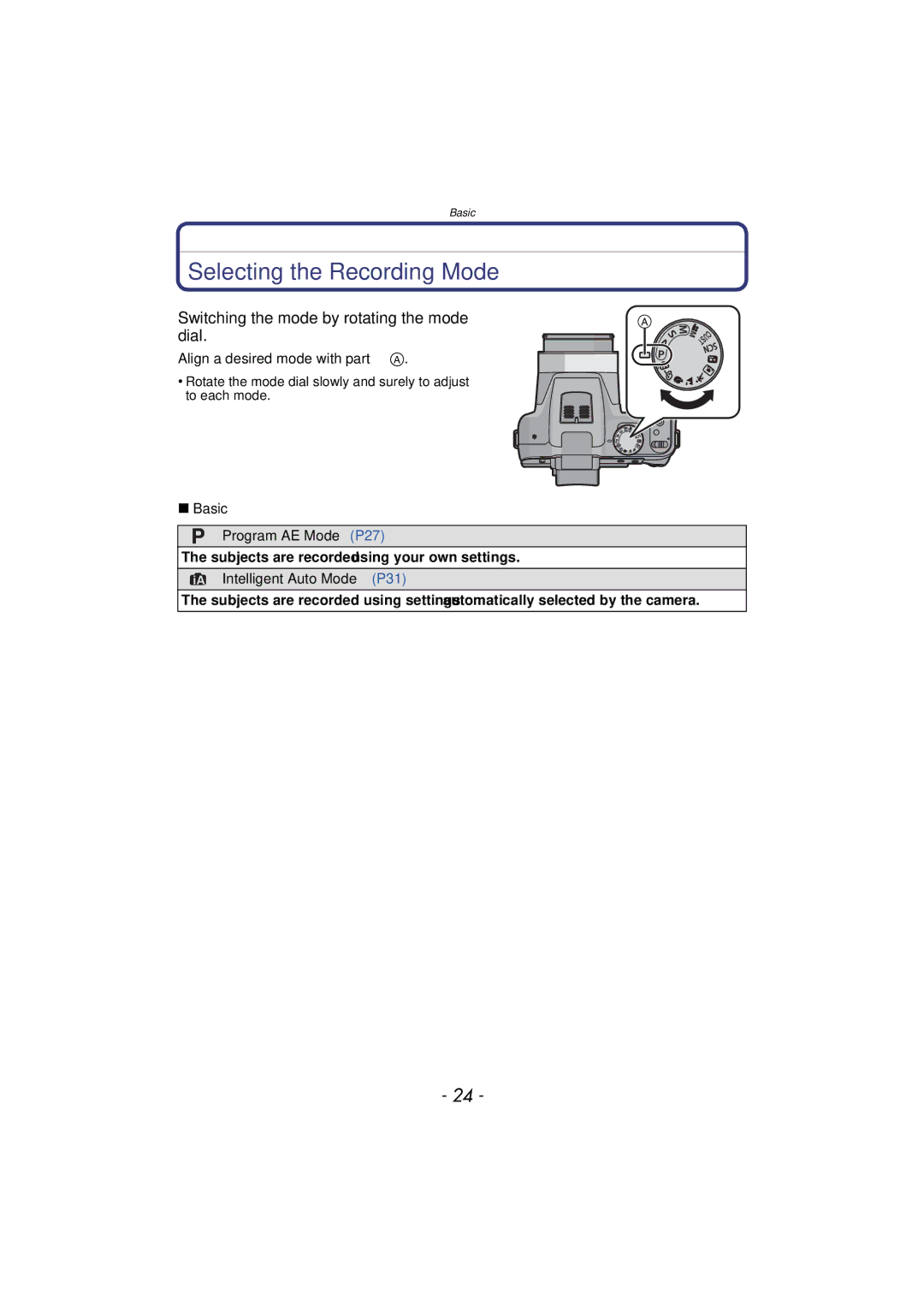 Panasonic DMC-FZ47 Selecting the Recording Mode, Switching the mode by rotating the mode dial, Basic Program AE Mode P27 