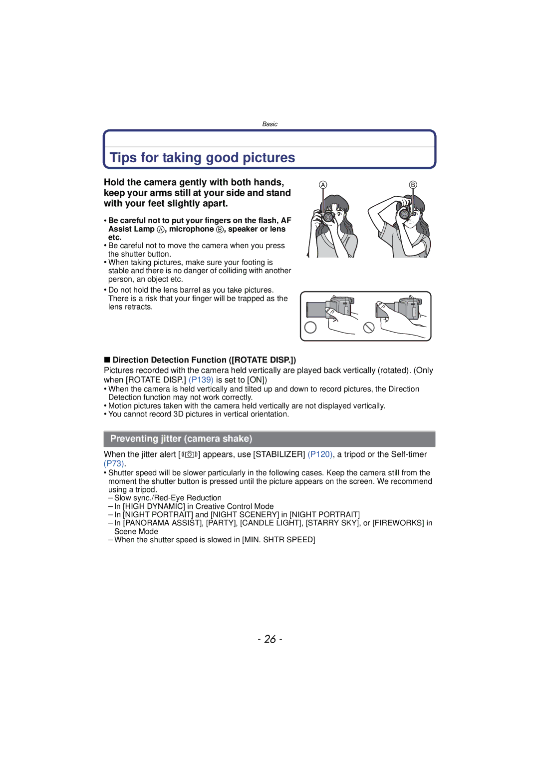 Panasonic VQT3R48 Tips for taking good pictures, Preventing jitter camera shake, Direction Detection Function Rotate Disp 