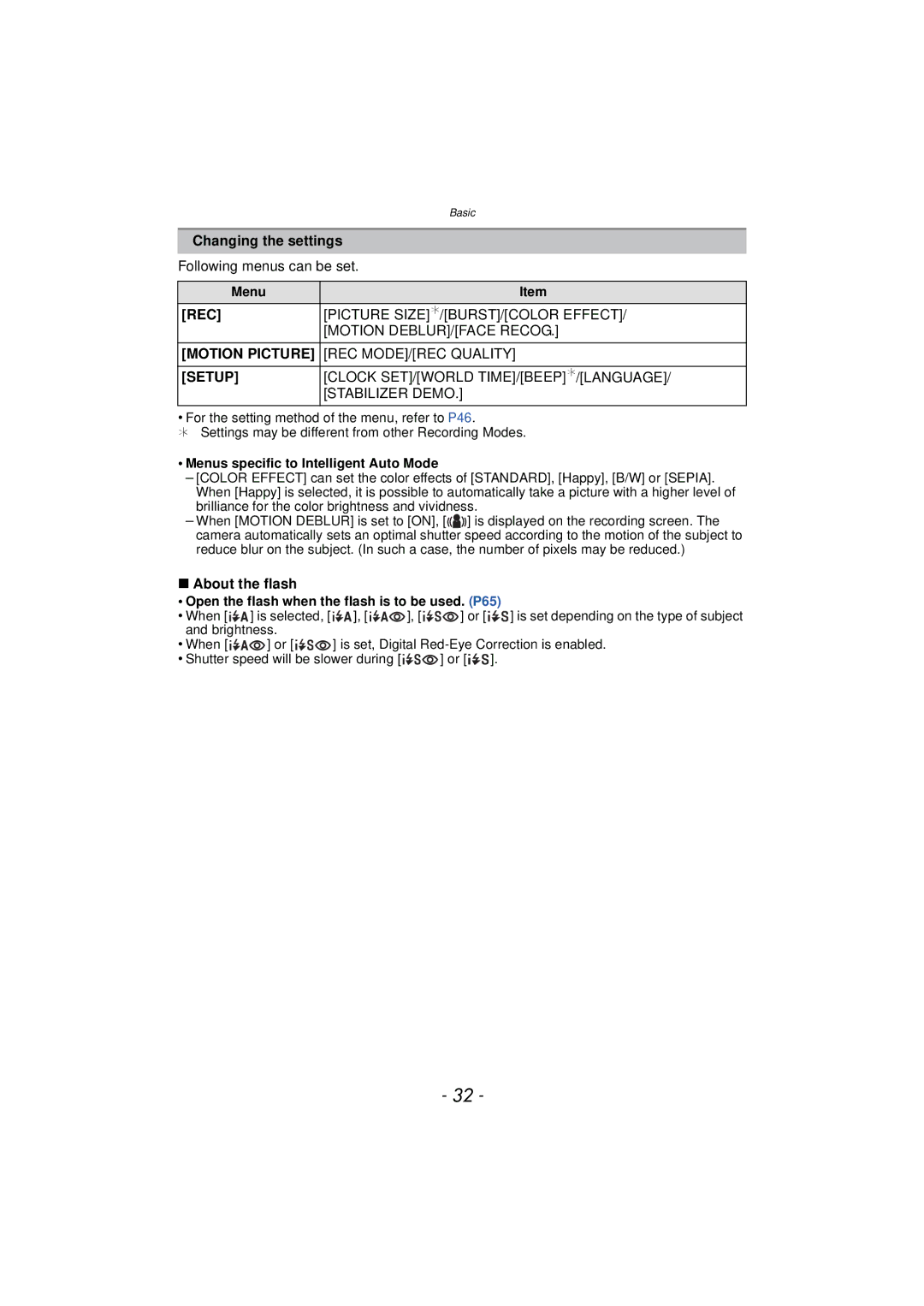 Panasonic VQT3R48, DMC-FZ47, DMCFZ47K owner manual Changing the settings, Rec, Motion Picture, Setup, About the flash 