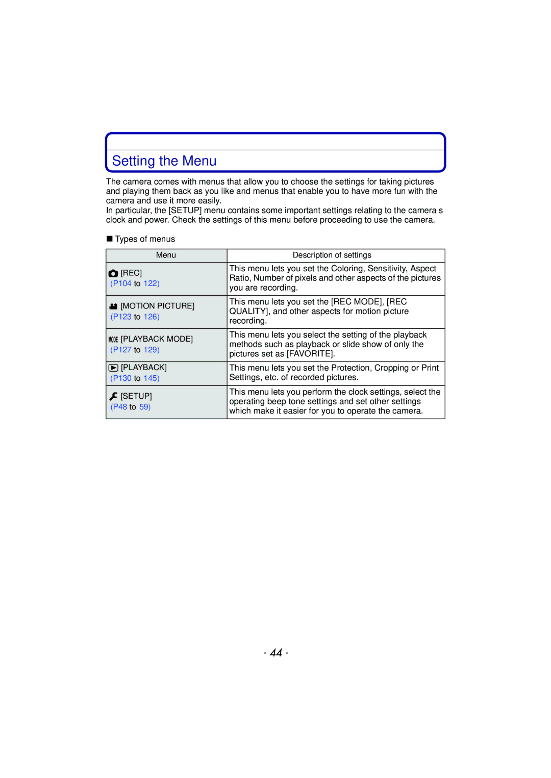 Panasonic VQT3R48, DMC-FZ47, DMCFZ47K owner manual Setting the Menu 