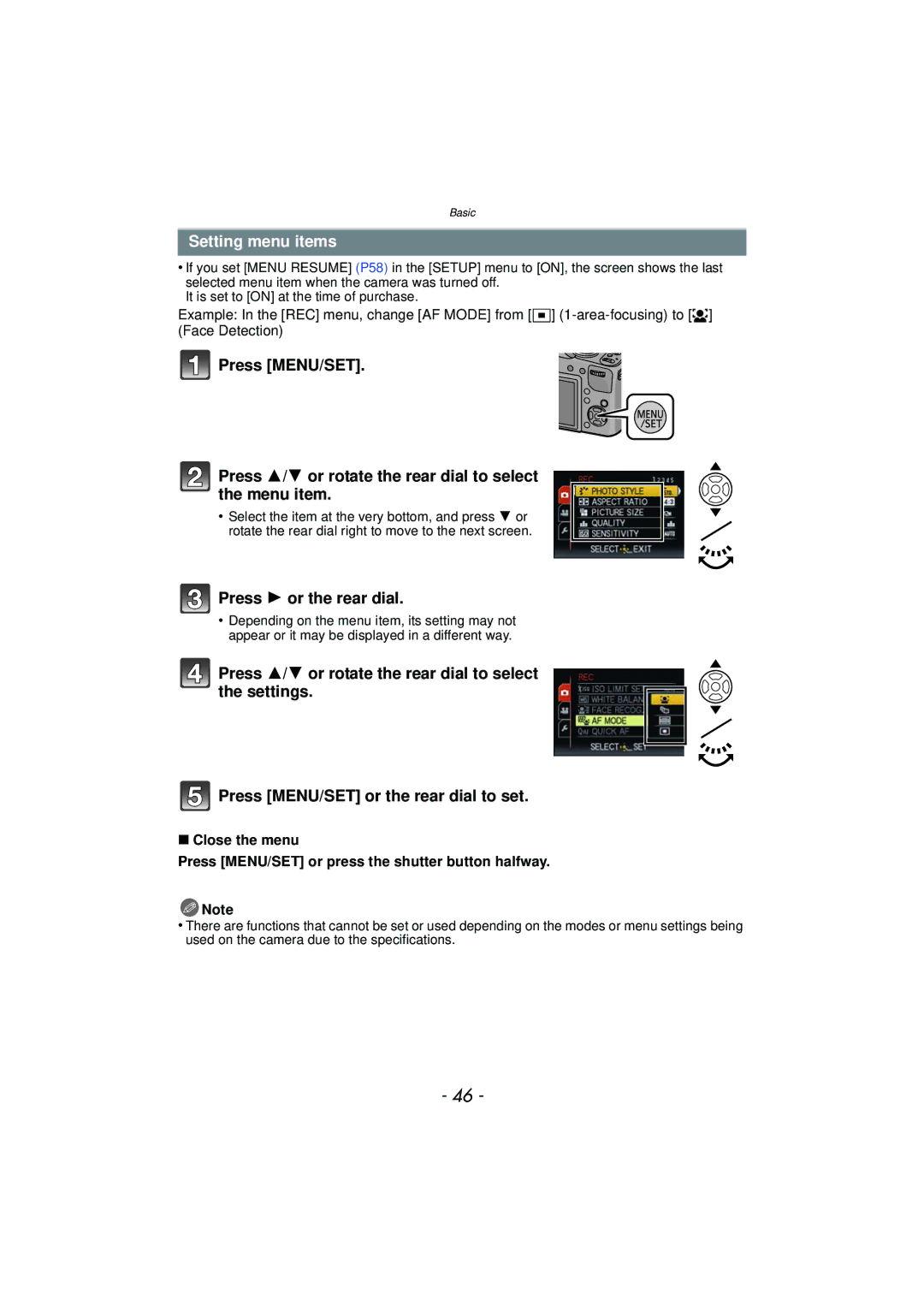 Panasonic DMCFZ47K, DMC-FZ47, VQT3R48 owner manual Setting menu items, Press 1 or the rear dial 