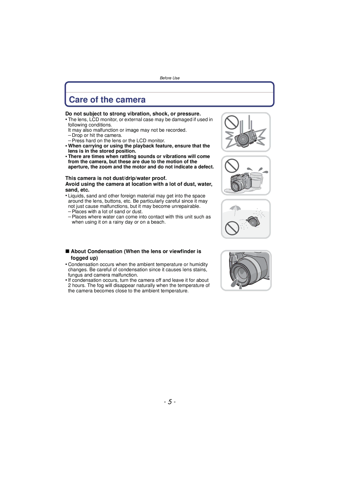 Panasonic VQT3R48, DMC-FZ47, DMCFZ47K owner manual Care of the camera, Do not subject to strong vibration, shock, or pressure 