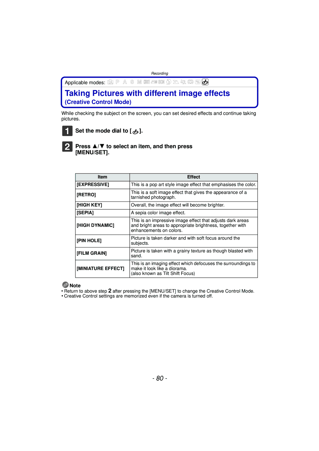 Panasonic VQT3R48, DMC-FZ47, DMCFZ47K owner manual Taking Pictures with different image effects, Effect 