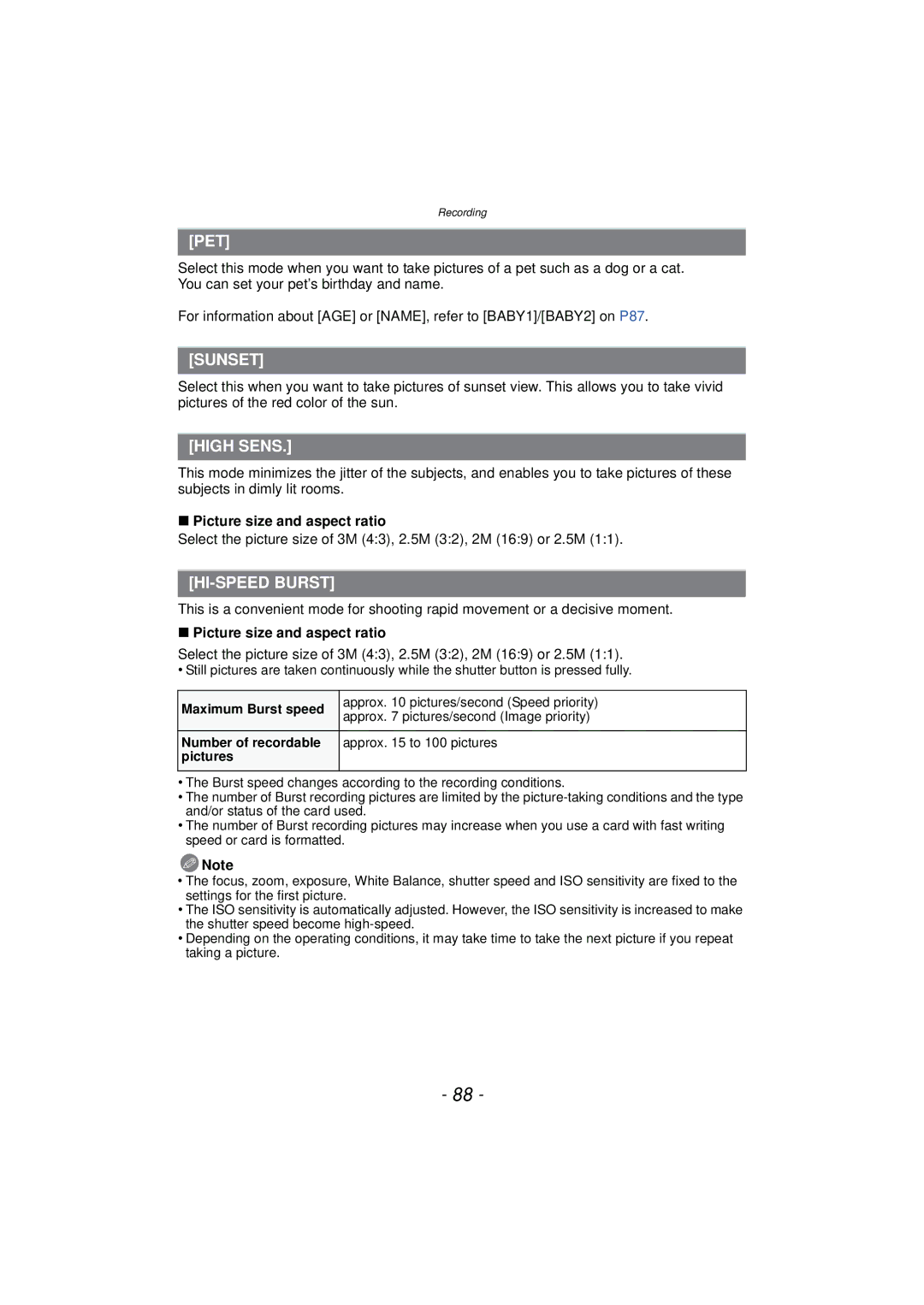 Panasonic DMCFZ47K, DMC-FZ47, VQT3R48 owner manual Pet, Sunset, High Sens, HI-SPEED Burst, Picture size and aspect ratio 