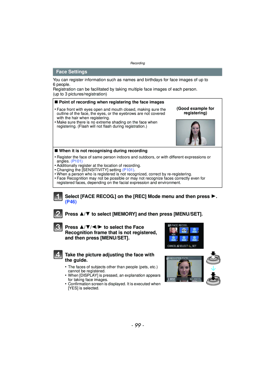 Panasonic DMC-FZ47, DMCFZ47K, VQT3R48 owner manual Face Settings, Point of recording when registering the face images 