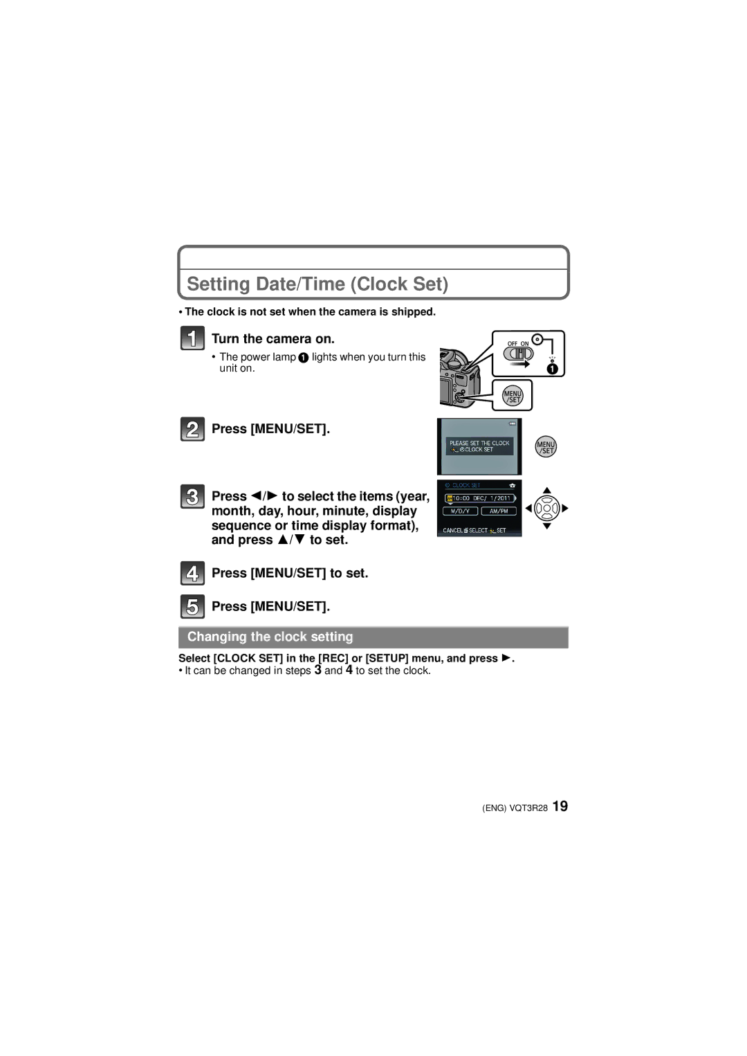 Panasonic DMC-FZ47 owner manual Setting Date/Time Clock Set, Clock is not set when the camera is shipped 