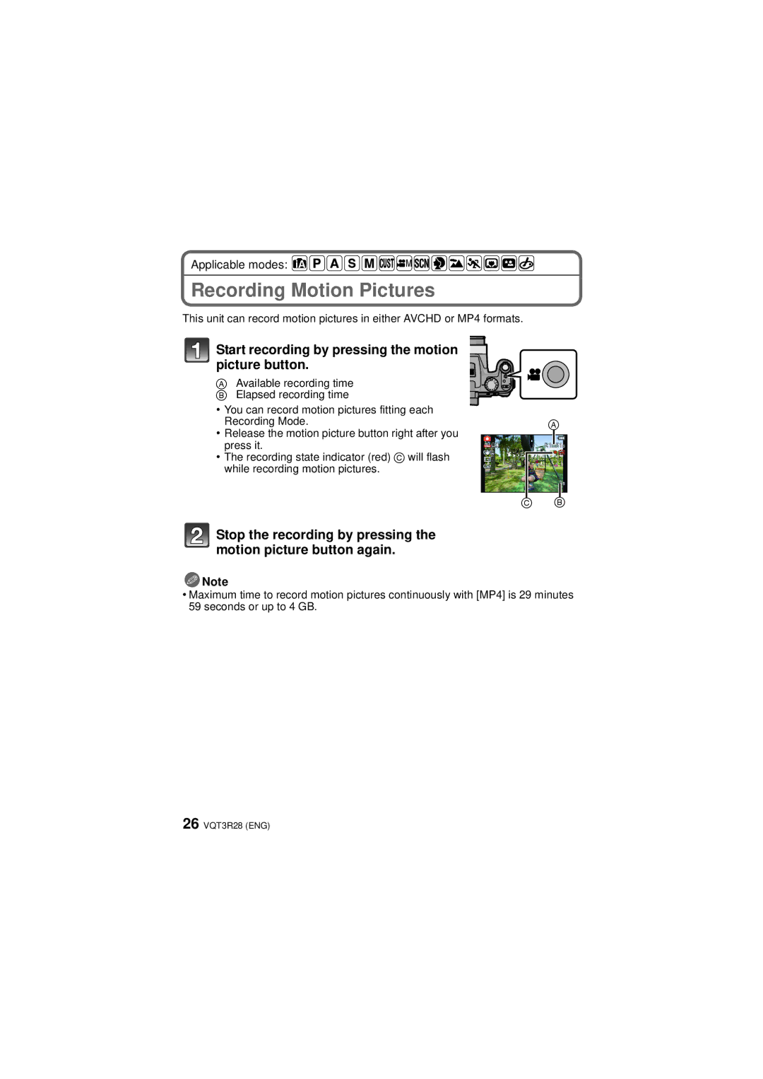 Panasonic DMC-FZ47 owner manual Recording Motion Pictures, Start recording by pressing the motion picture button 