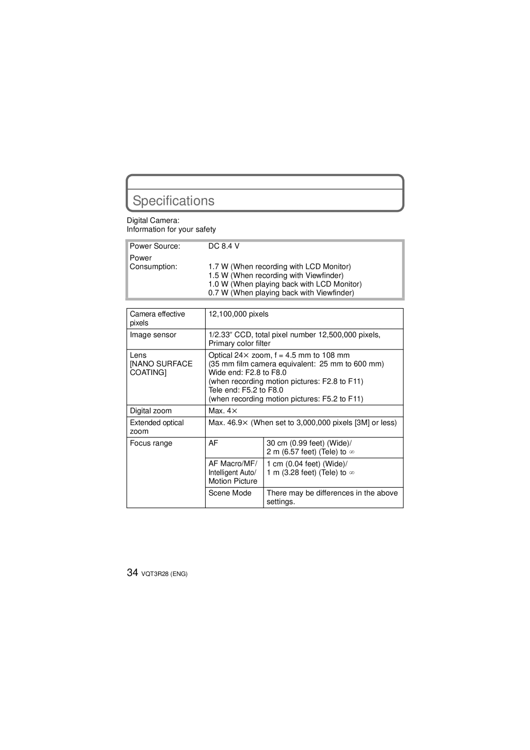 Panasonic DMC-FZ47 owner manual Specifications 