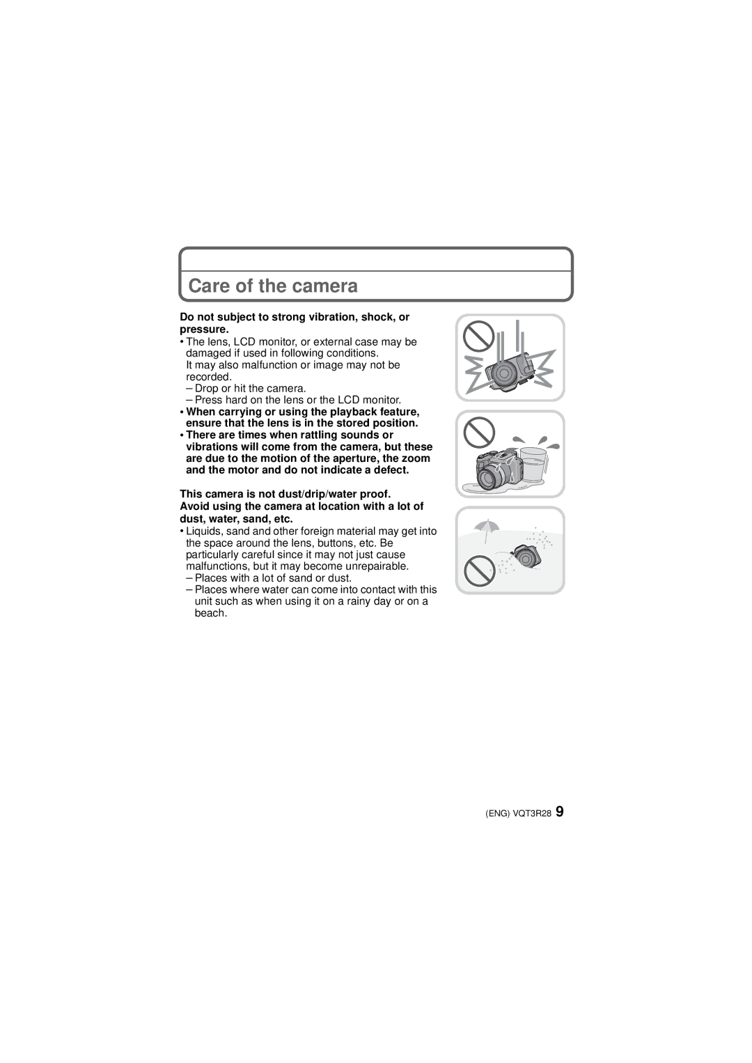 Panasonic DMC-FZ47 owner manual Care of the camera, Do not subject to strong vibration, shock, or pressure 