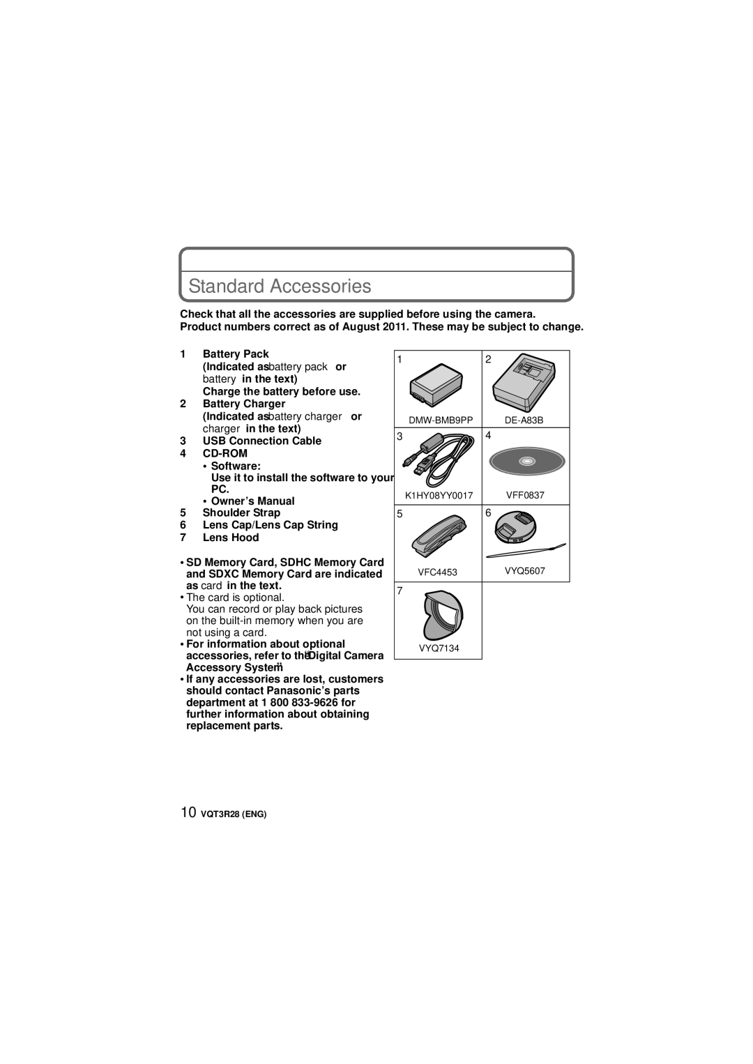 Panasonic DMC-FZ47 owner manual Standard Accessories, Indicated as battery charger or charger in the text 