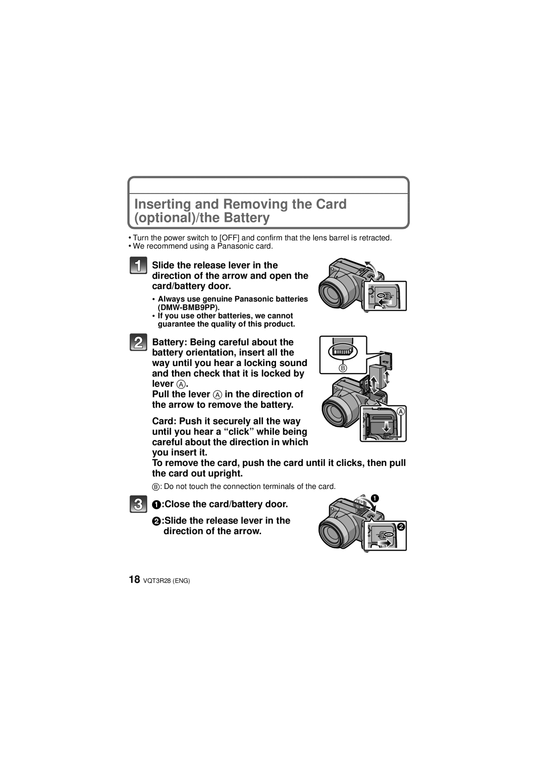 Panasonic DMC-FZ47 owner manual Inserting and Removing the Card optional/the Battery 