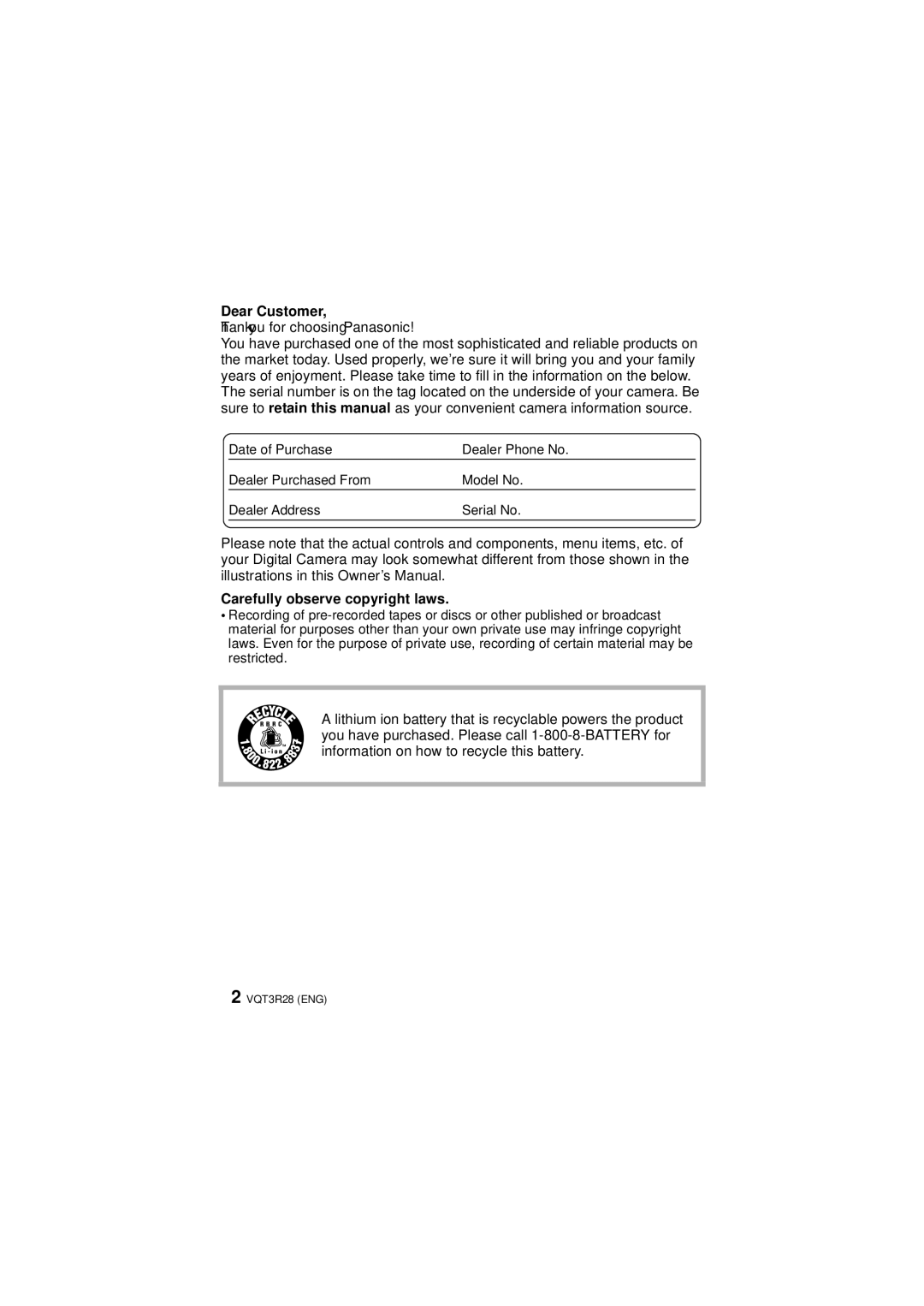 Panasonic DMC-FZ47 owner manual Dear Customer, Carefully observe copyright laws 