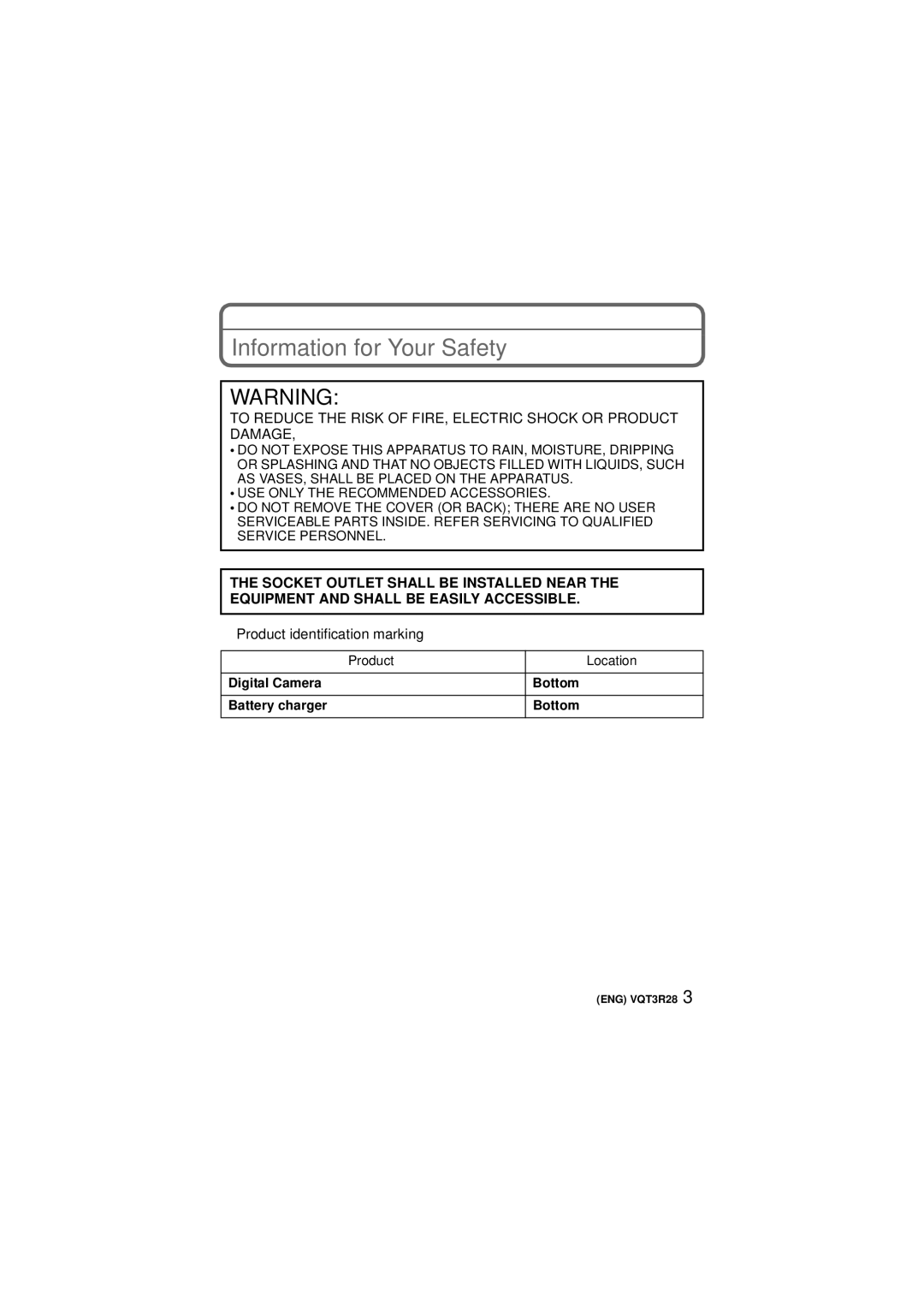 Panasonic DMC-FZ47 owner manual Information for Your Safety, Product identification marking, Product Location 