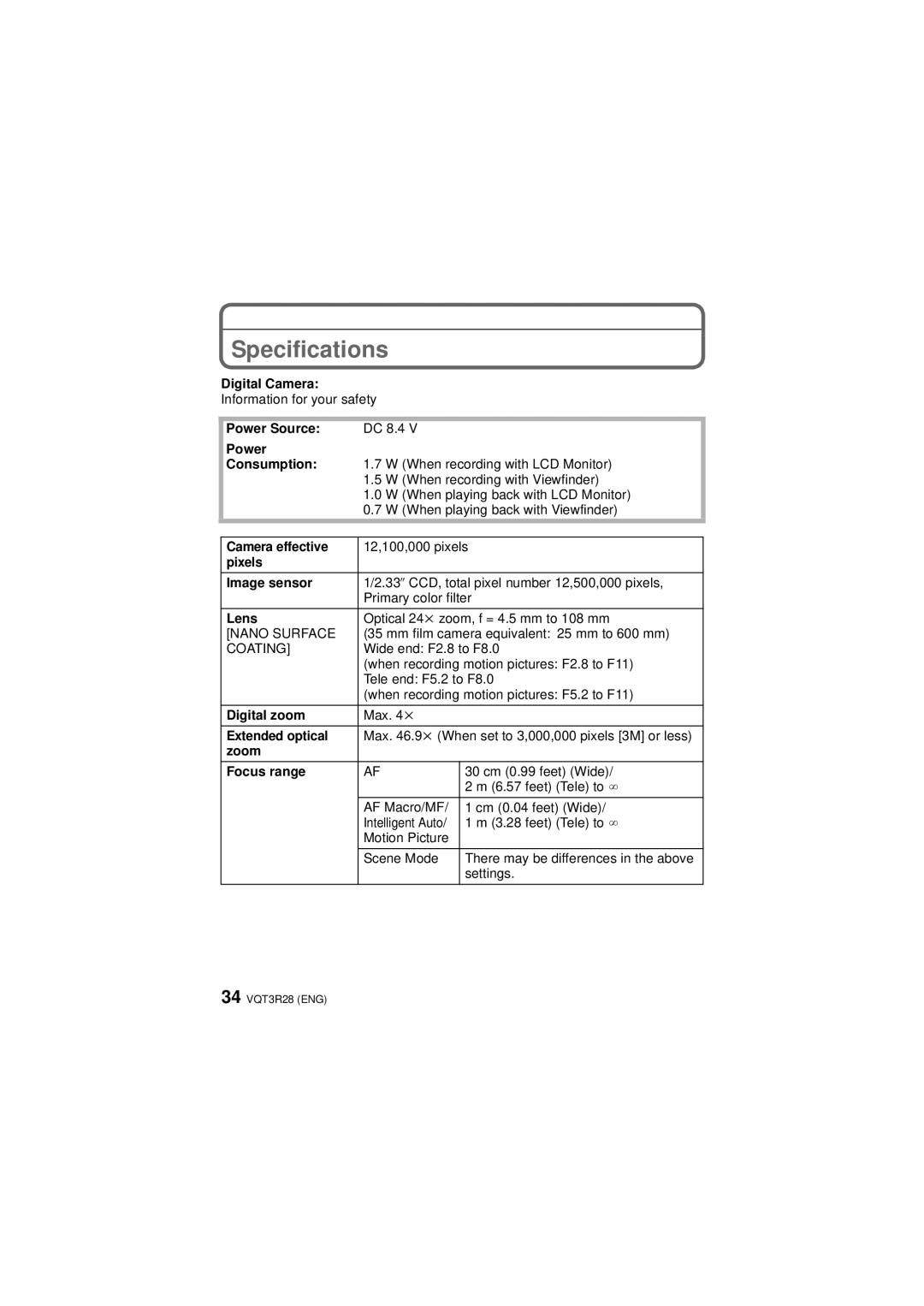 Panasonic DMC-FZ47 owner manual Specifications 