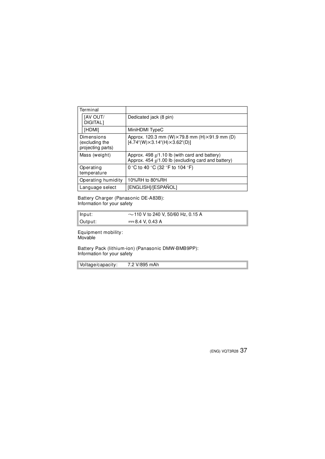 Panasonic DMC-FZ47 Terminal, Dimensions, Mass weight, Temperature Operating humidity, Language select, Input, Output 