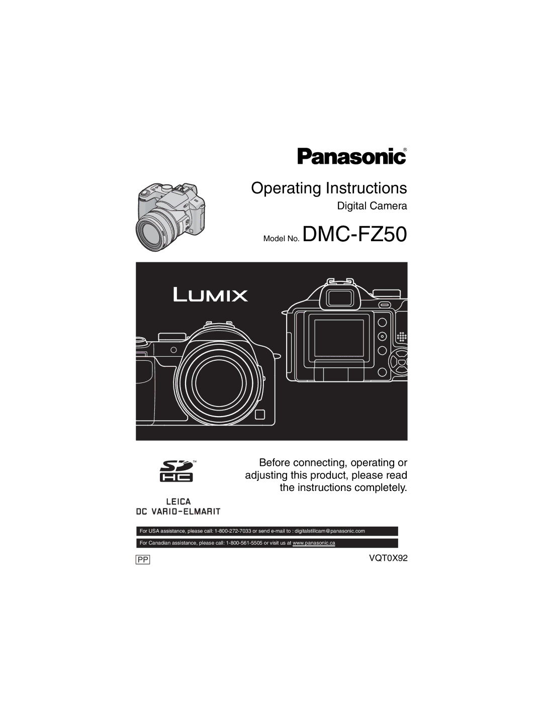 Panasonic DMCFZ50K, DMC-FZ50 operating instructions Operating Instructions 