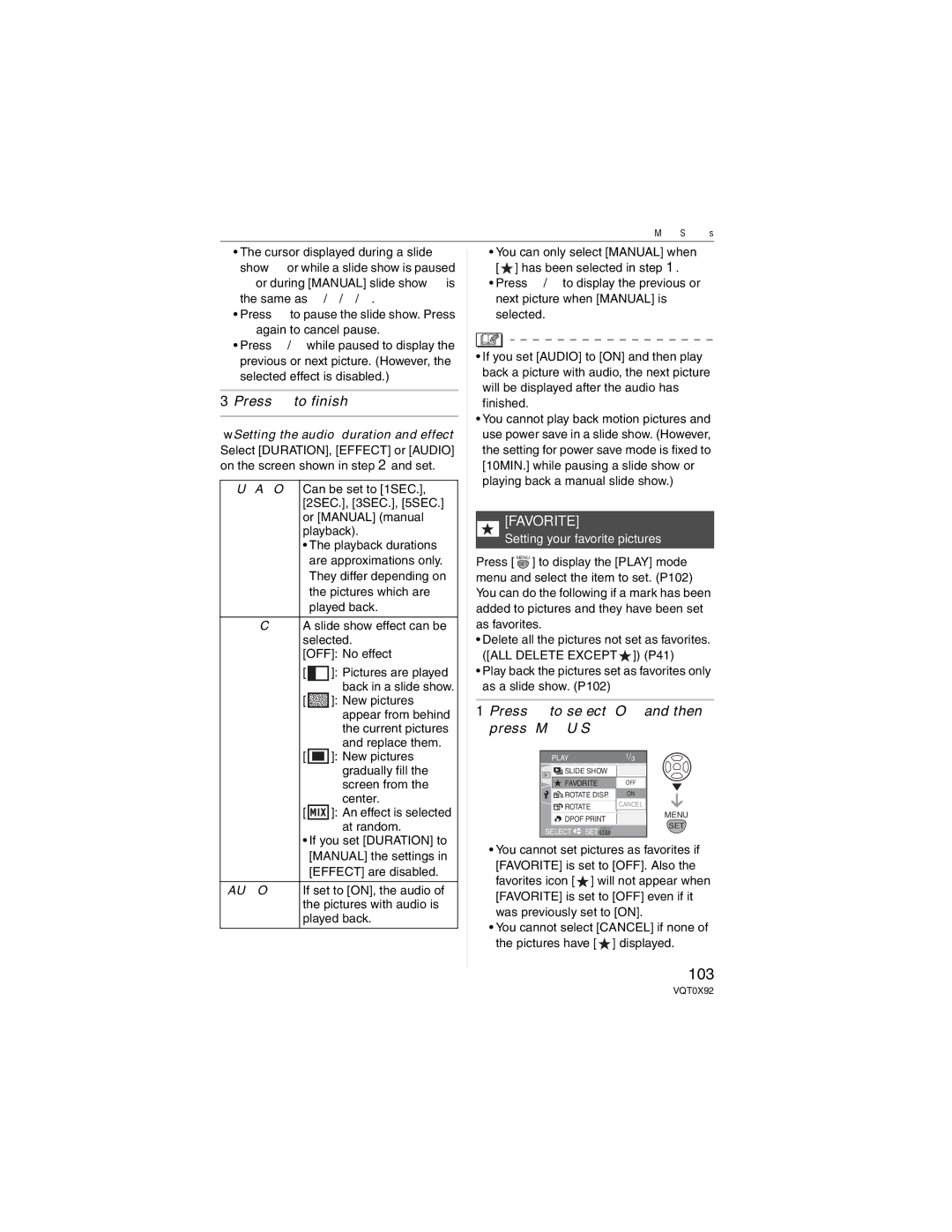 Panasonic DMCFZ50K, DMC-FZ50 103, Press to finish, Favorite, Press to select on and then press MENU/SET 