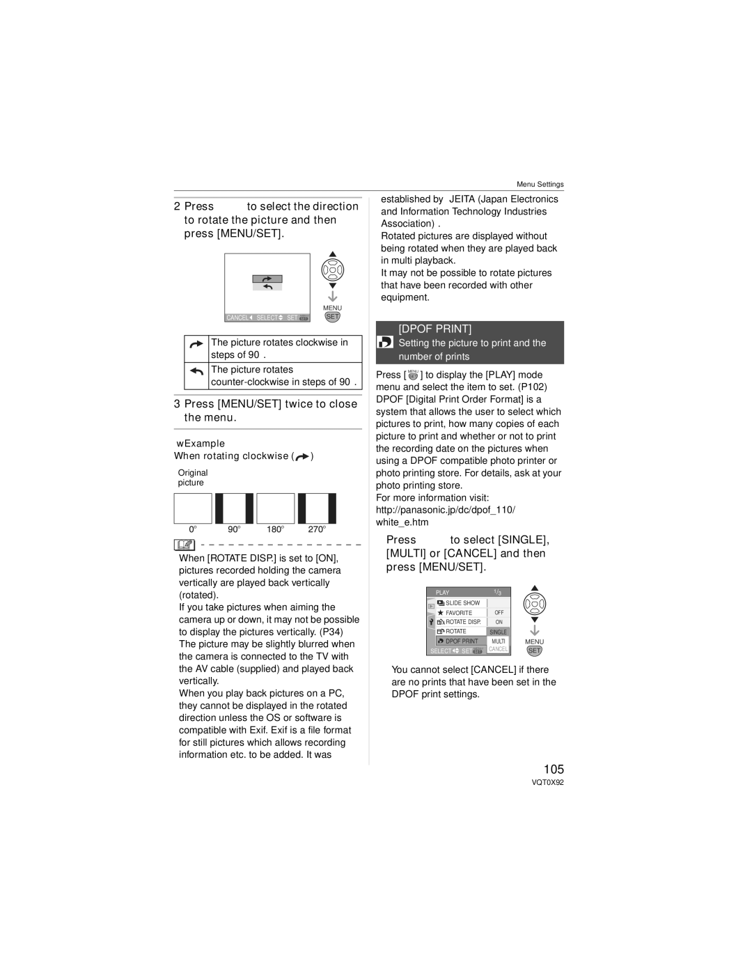 Panasonic DMCFZ50K, DMC-FZ50 105, Dpof Print, Picture rotates clockwise in steps, Example When rotating clockwise 