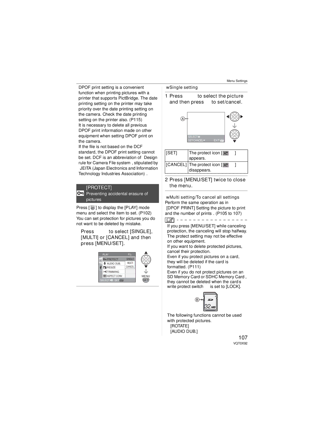 Panasonic DMCFZ50K, DMC-FZ50 operating instructions 107, Protect, Press To select the picture Then press To set/cancel 