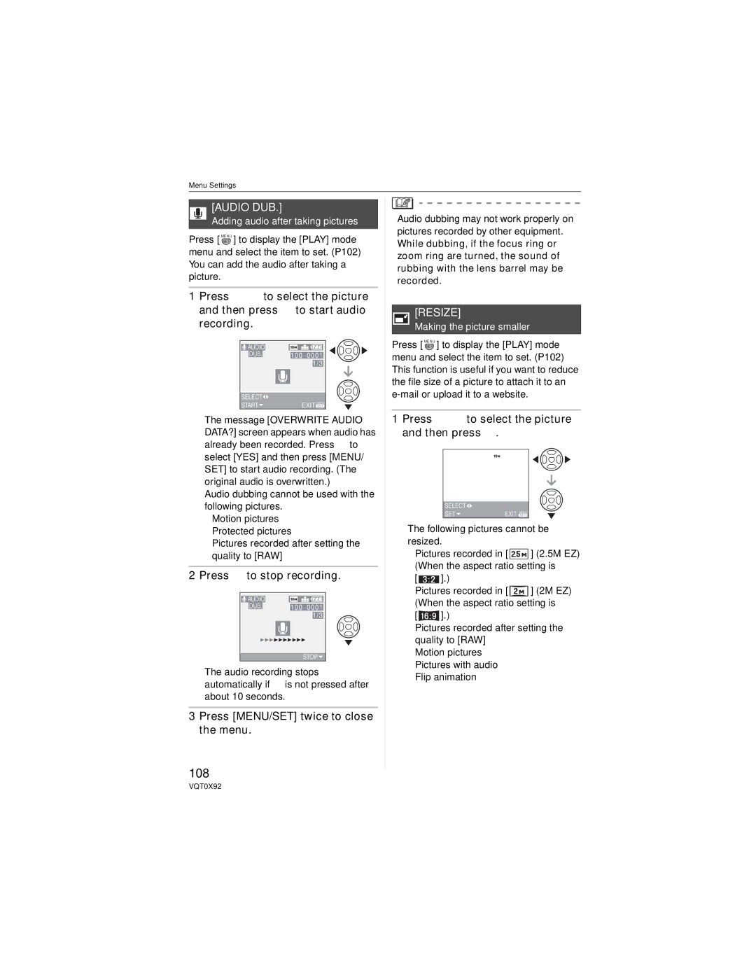 Panasonic DMC-FZ50, DMCFZ50K operating instructions 108, Audio DUB, Resize, Press to stop recording 