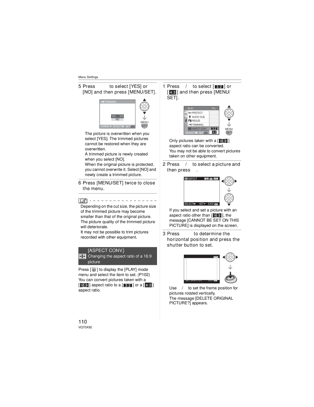 Panasonic DMC-FZ50 110, Aspect Conv, Press / to select Then press MENU/ SET, Press / to select a picture and then press 