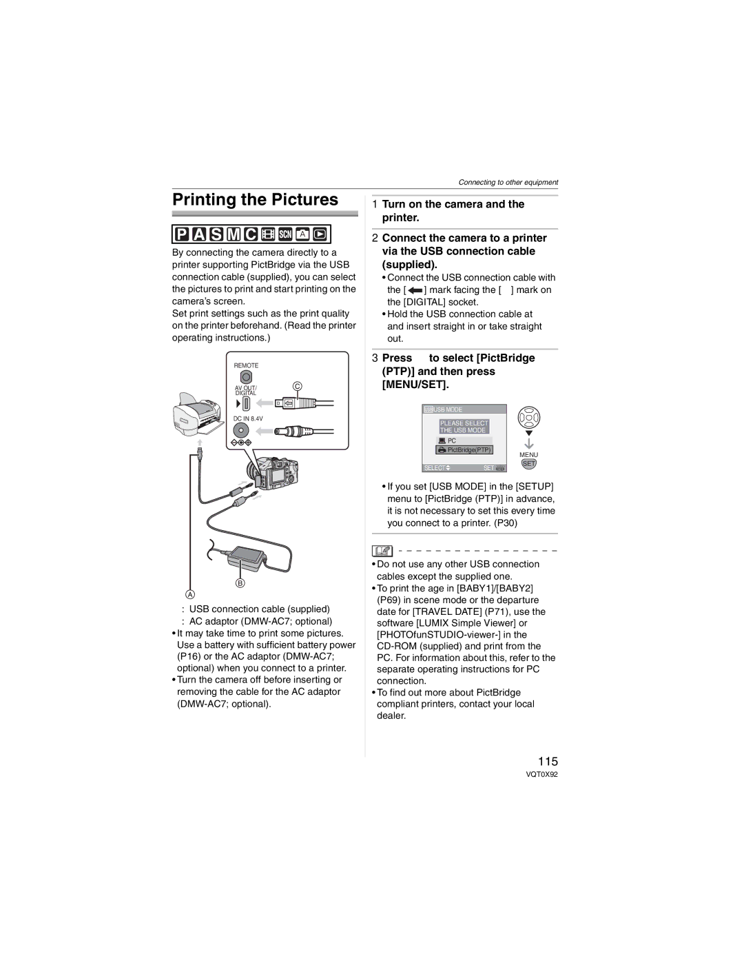 Panasonic DMCFZ50K, DMC-FZ50 Printing the Pictures, 115, Press to select PictBridge PTP and then press MENU/SET 