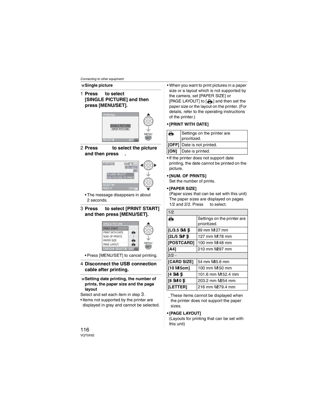 Panasonic DMC-FZ50, DMCFZ50K operating instructions 116, Press to select Print Start and then pressMENU/SET 