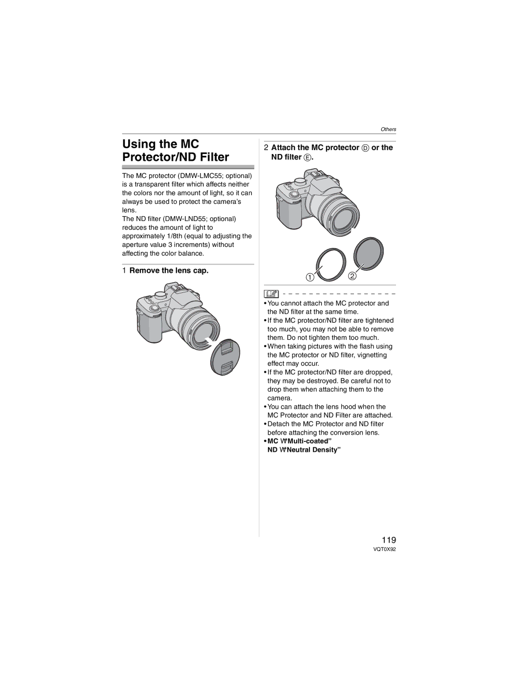 Panasonic DMCFZ50K, DMC-FZ50 operating instructions 119, Remove the lens cap Attach the MC protector or the ND filter 