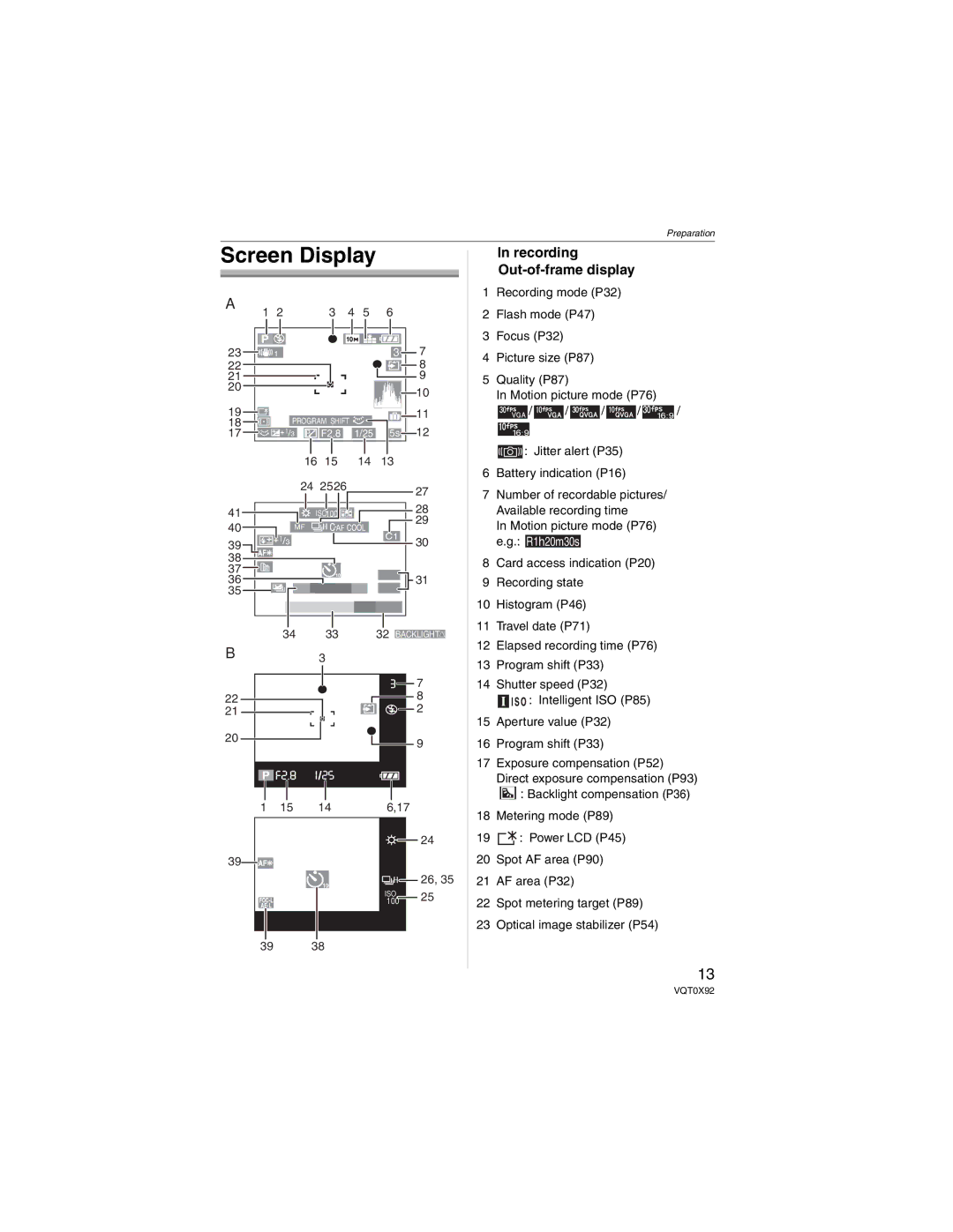 Panasonic DMCFZ50K, DMC-FZ50 operating instructions Screen Display, Recording Out-of-frame display 