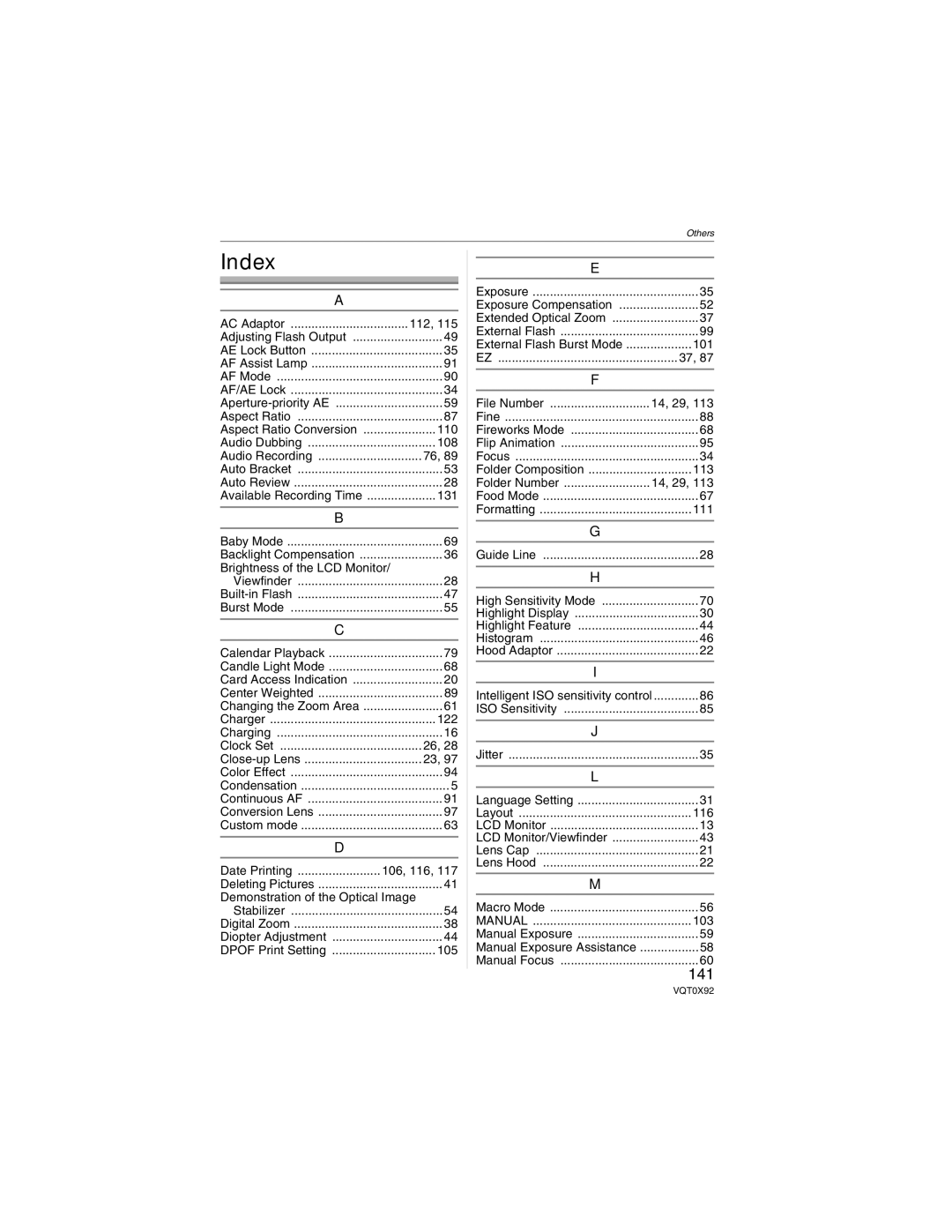 Panasonic DMCFZ50K, DMC-FZ50 operating instructions Index, 141 