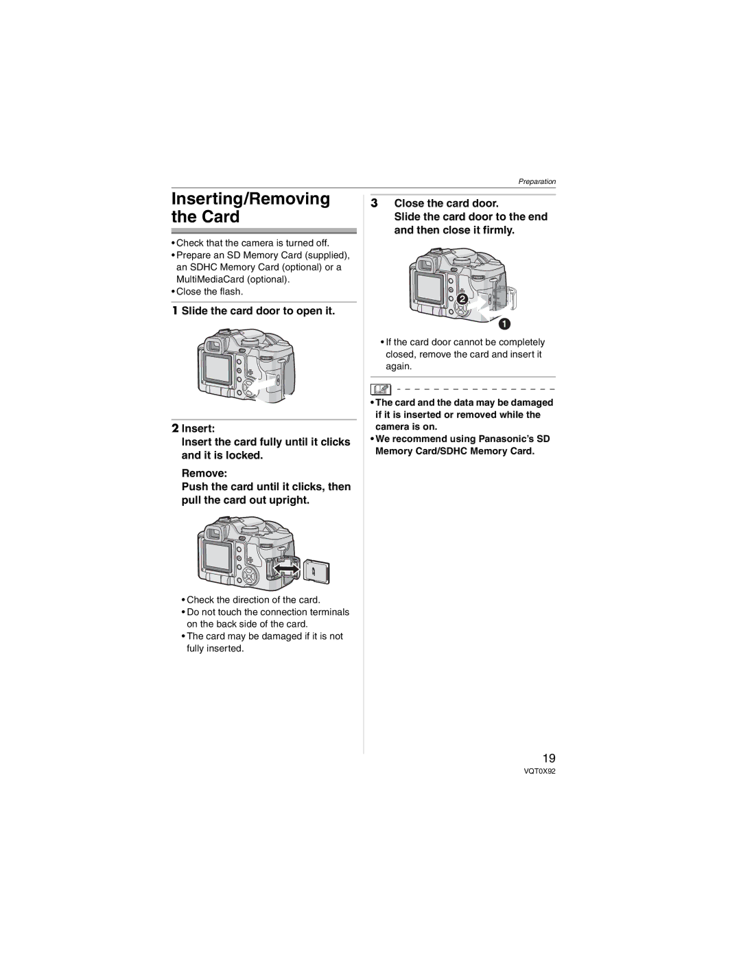 Panasonic DMCFZ50K, DMC-FZ50 operating instructions Inserting/Removing the Card 