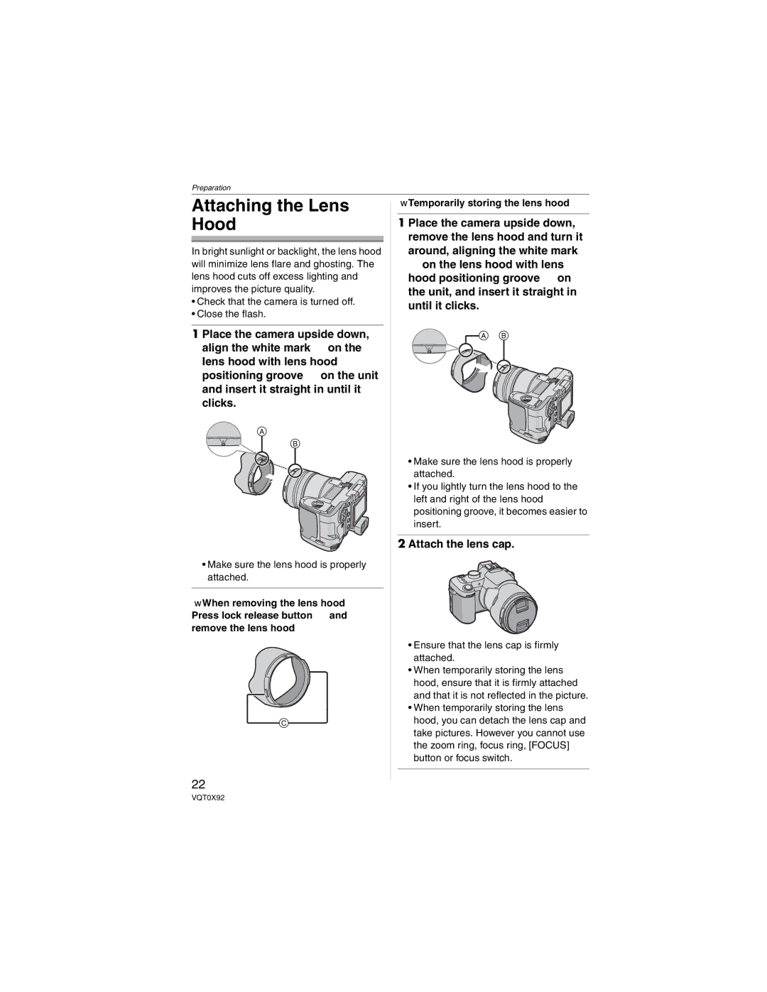 Panasonic DMC-FZ50, DMCFZ50K operating instructions Attaching the Lens Hood, Make sure the lens hood is properly attached 