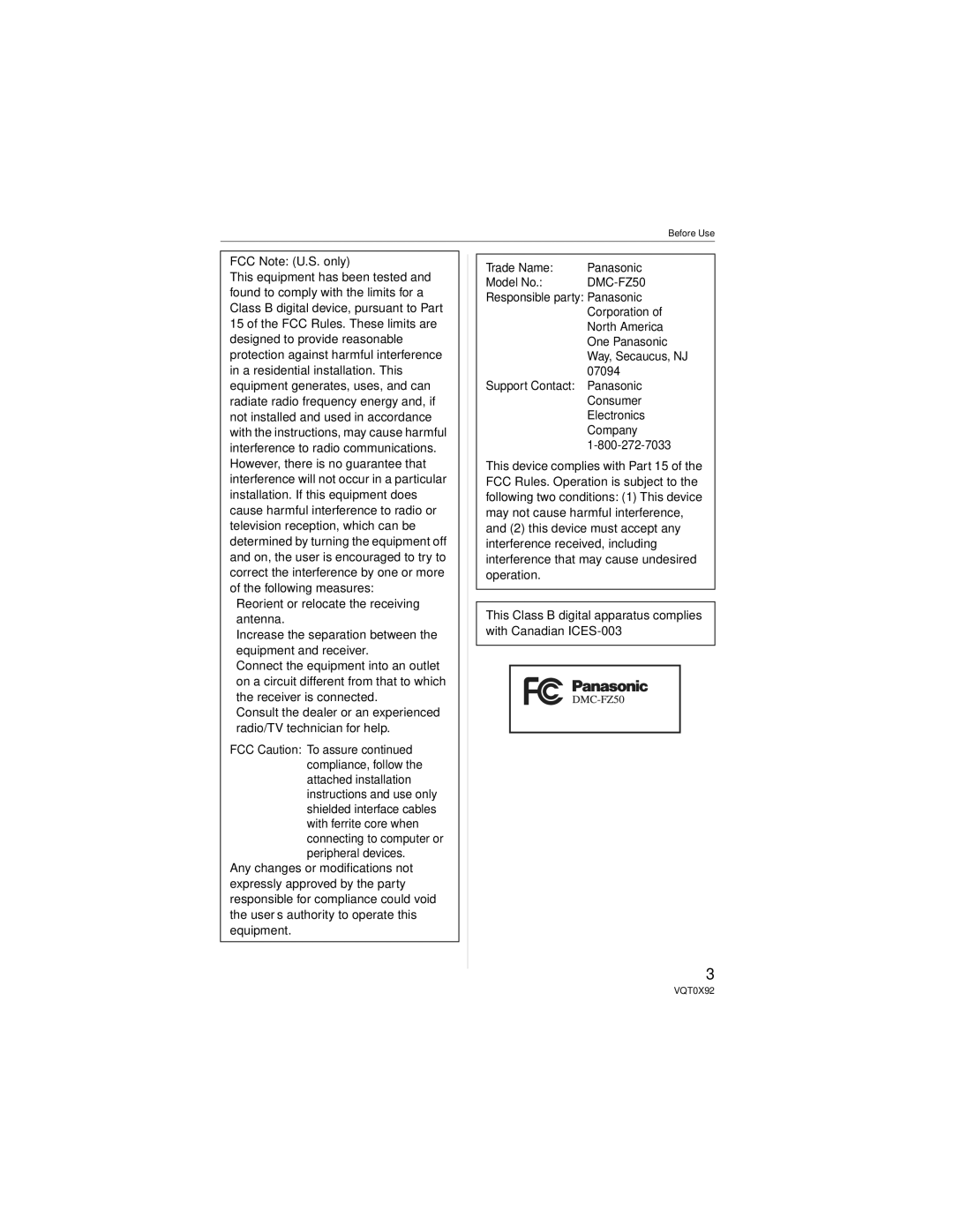 Panasonic DMCFZ50K, DMC-FZ50 operating instructions FCC Note U.S. only 