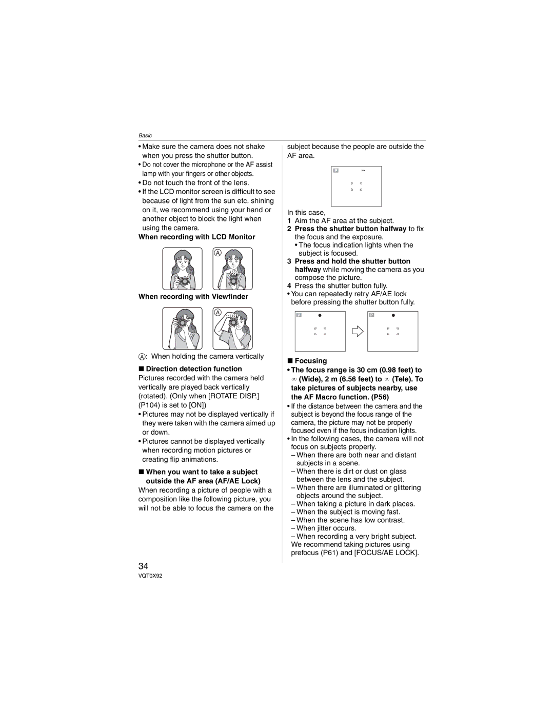 Panasonic DMC-FZ50, DMCFZ50K operating instructions Direction detection function, Focusing 