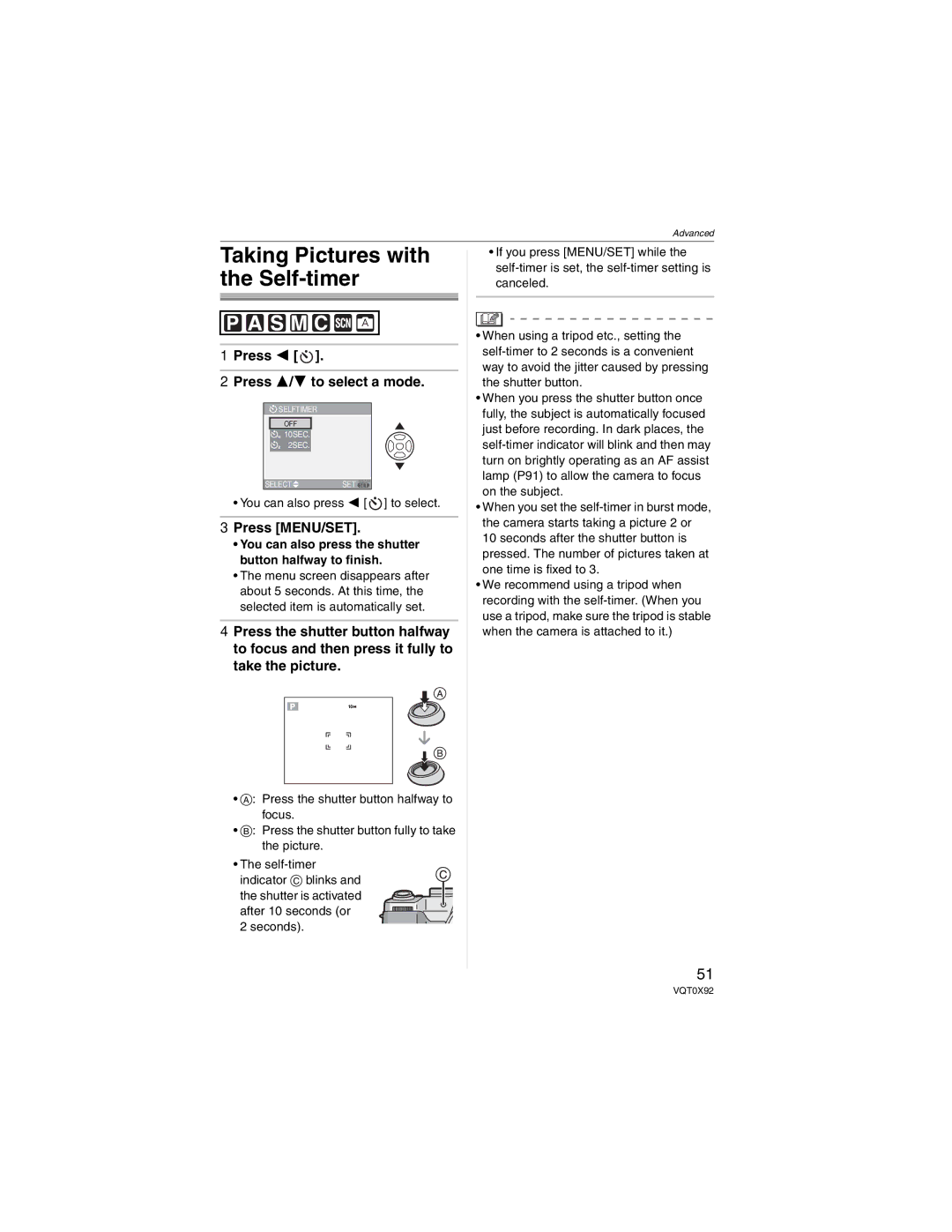 Panasonic DMCFZ50K, DMC-FZ50 operating instructions Taking Pictures with the Self-timer, Press To select a mode 