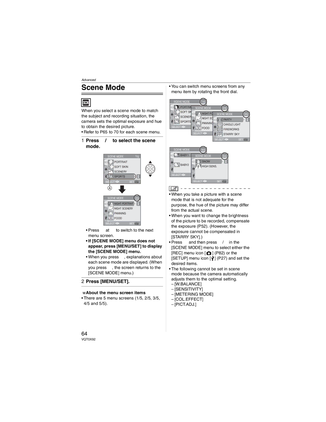 Panasonic DMC-FZ50, DMCFZ50K operating instructions Scene Mode, Press / to select the scene mode 