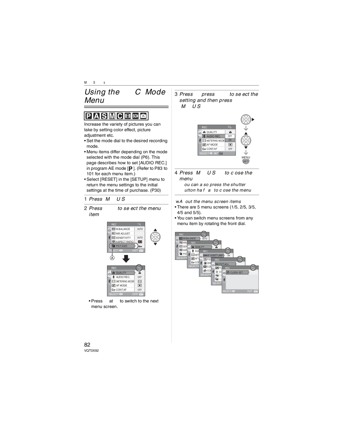 Panasonic DMC-FZ50, DMCFZ50K operating instructions Using the REC Mode Menu, Press MENU/SET Press / to select the menu item 