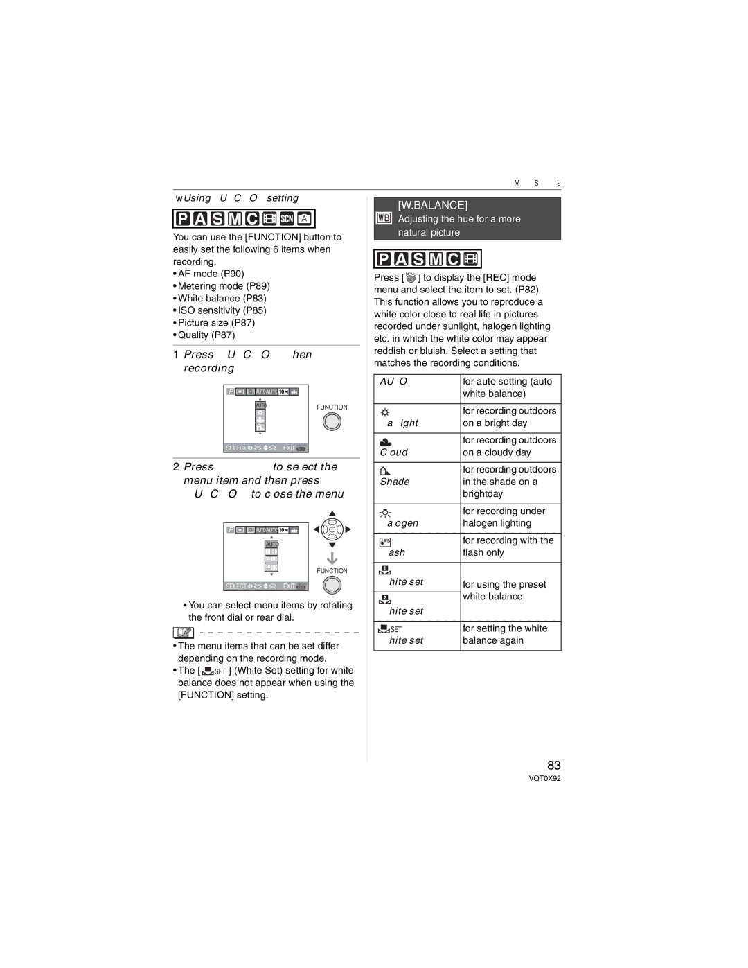 Panasonic DMCFZ50K, DMC-FZ50 Press Function when recording, Menu item and then press Function to close the menu, Balance 