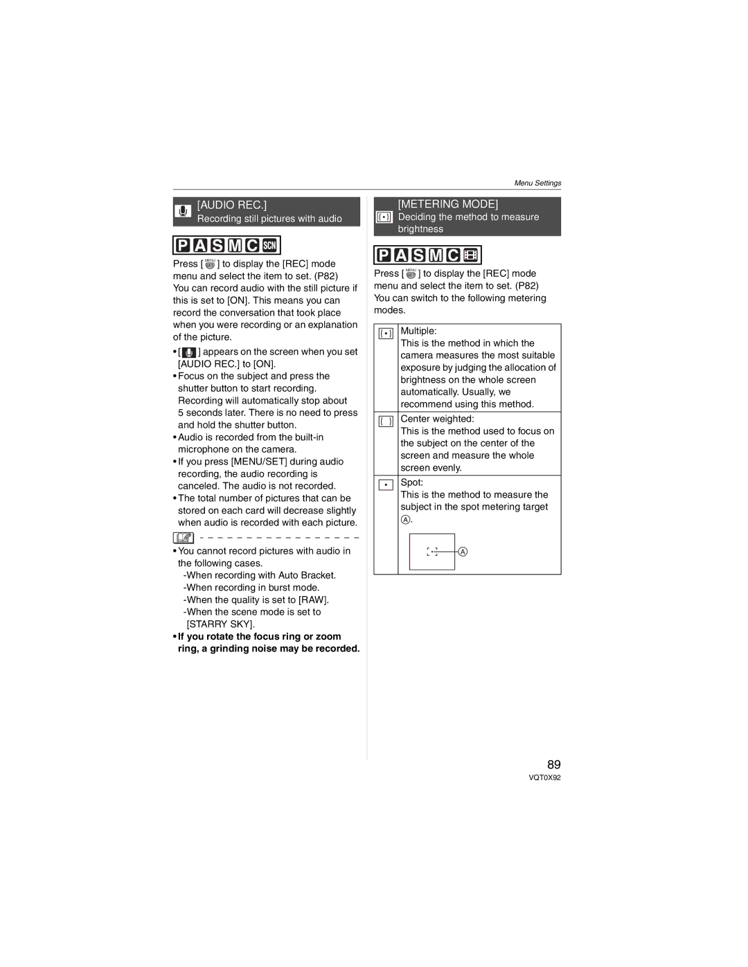 Panasonic DMCFZ50K, DMC-FZ50 operating instructions Audio REC, Metering Mode, Recording still pictures with audio 