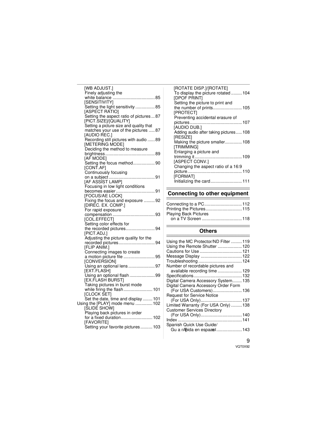 Panasonic DMCFZ50K Finely adjusting, Deciding the method to measure, Continuously focusing, For rapid exposure, 101, 102 