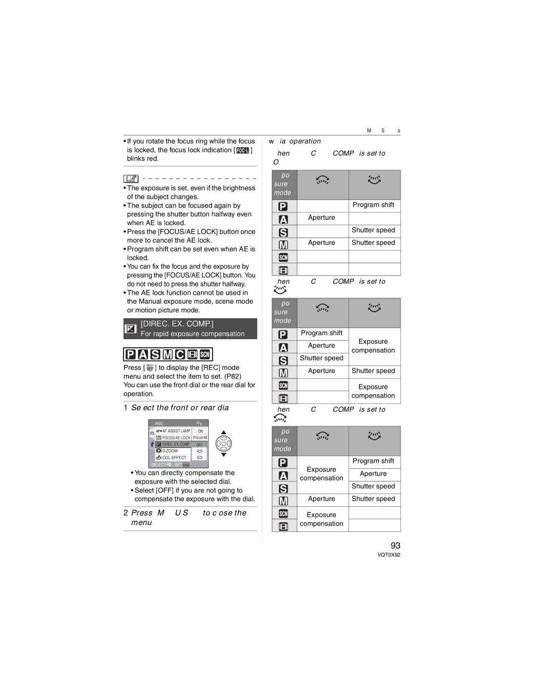 Panasonic DMCFZ50K, DMC-FZ50 DIREC. EX. Comp, Select the front or rear dial, For rapid exposure compensation 