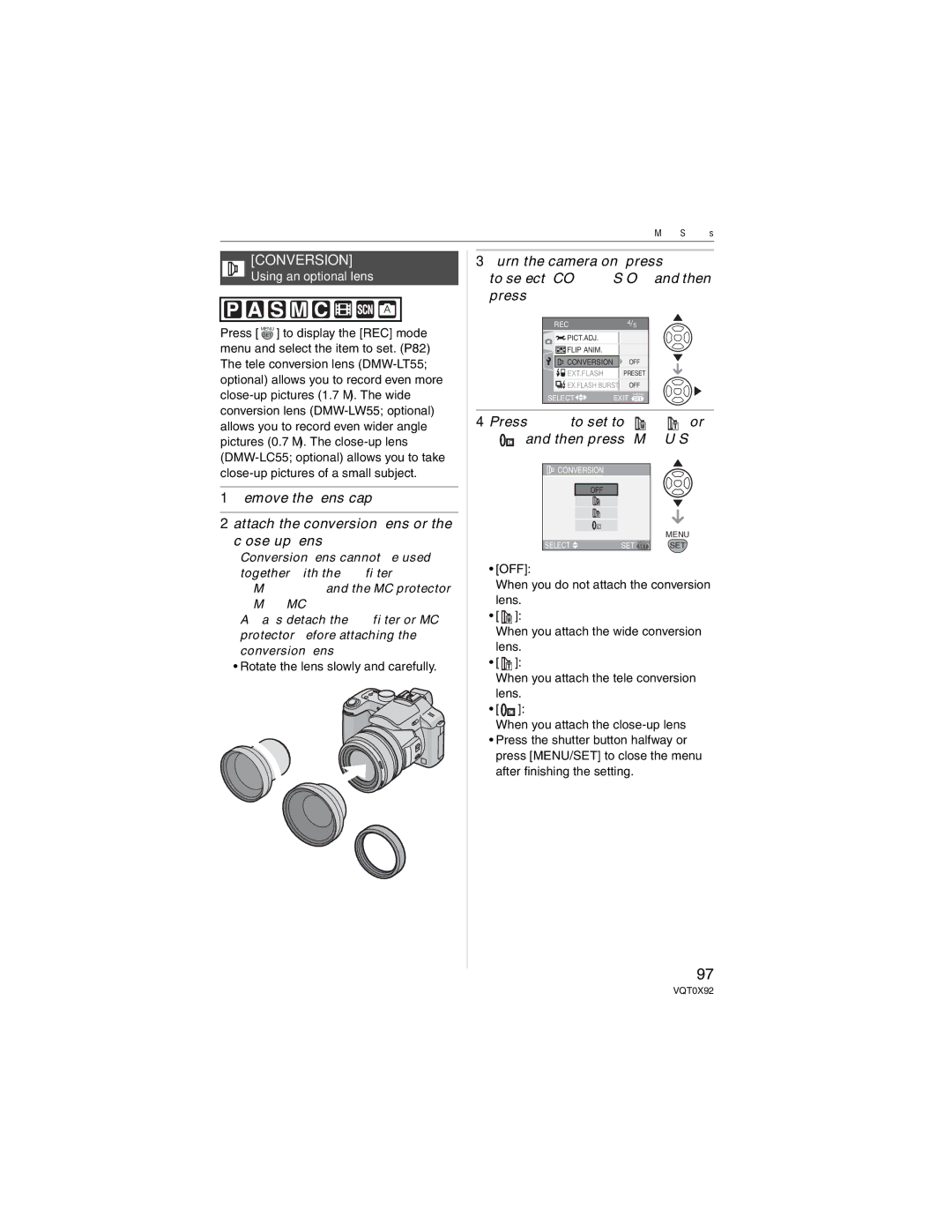 Panasonic DMCFZ50K, DMC-FZ50 Conversion, Press / to set to , or Then press MENU/SET, Using an optional lens 