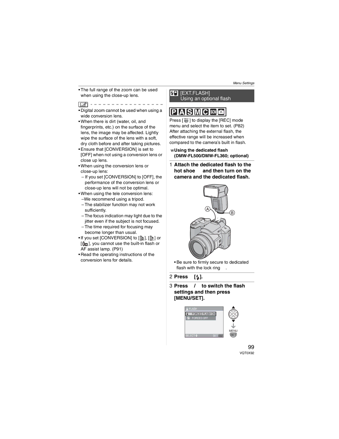 Panasonic DMCFZ50K, DMC-FZ50 Ext.Flash, Press, Settings and then press, Stabilizer function may not work sufficiently 