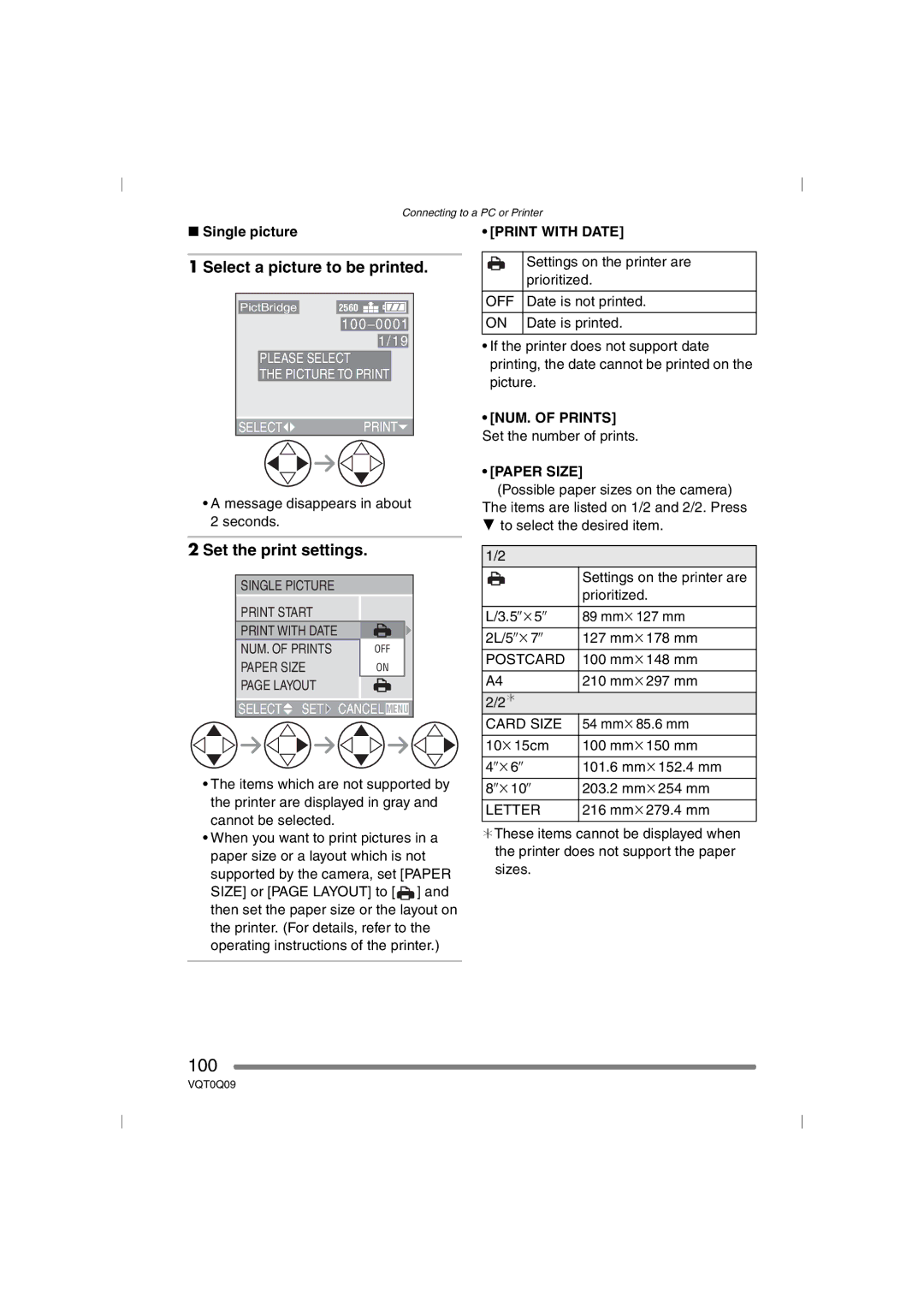 Panasonic DMC-FZ5PP, DMC-FZ4PP 100, Select a picture to be printed, Set the print settings, Single picture 