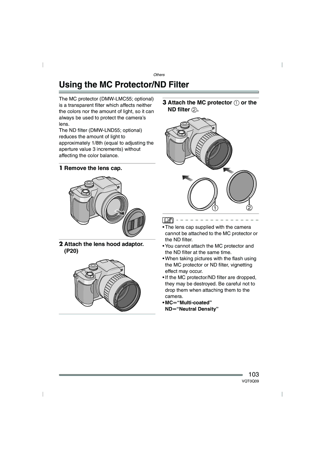 Panasonic DMC-FZ4PP, DMC-FZ5PP Using the MC Protector/ND Filter, 103, MCuMulti-coated NDuNeutral Density 