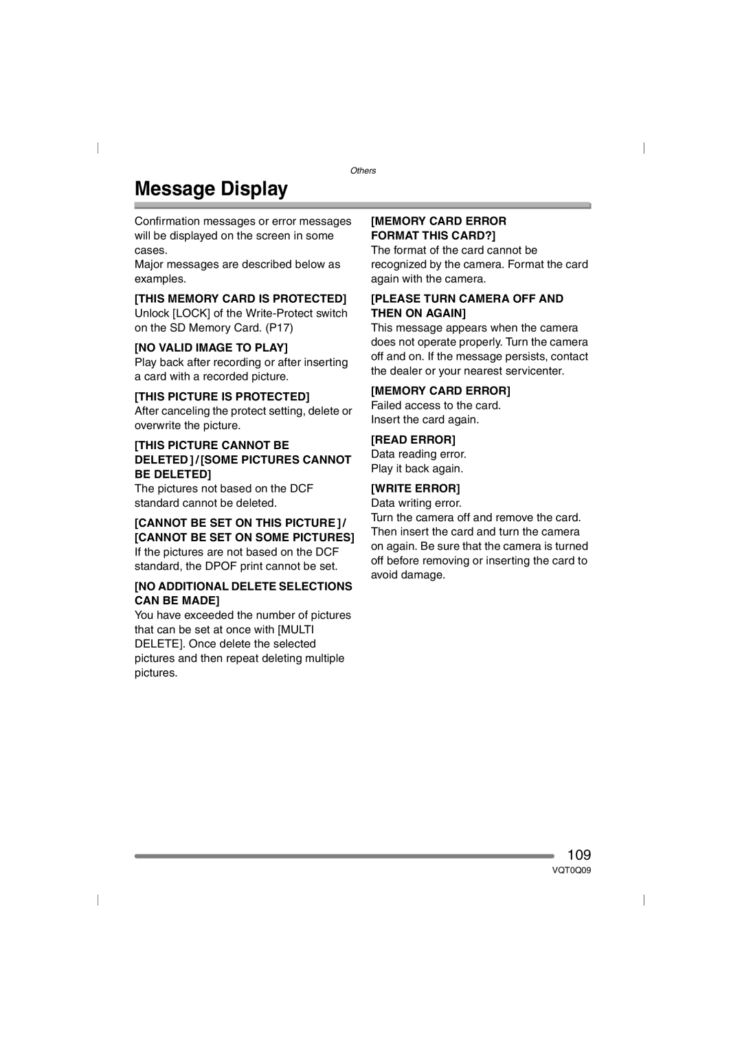 Panasonic DMC-FZ4PP, DMC-FZ5PP operating instructions Message Display, 109 