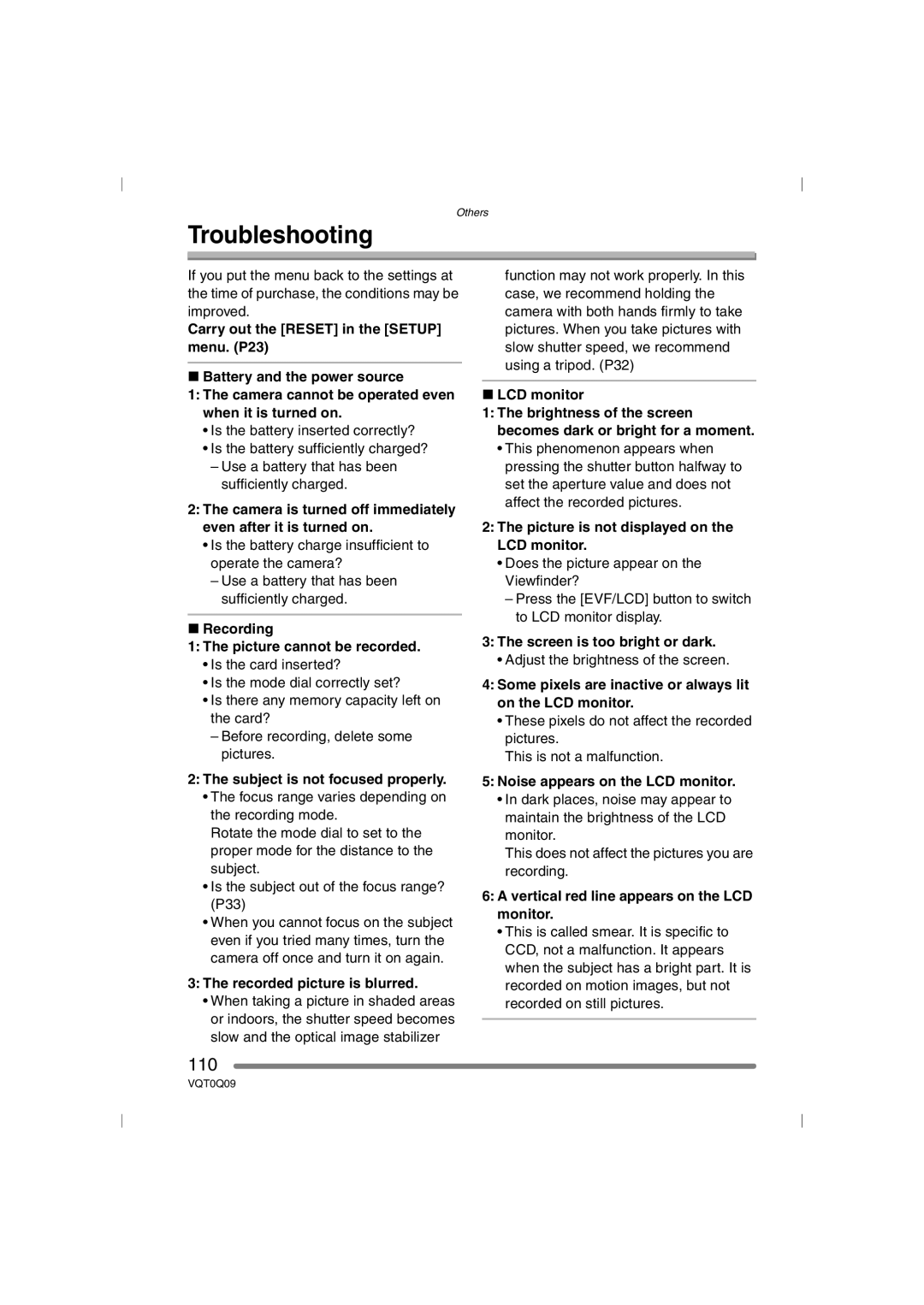 Panasonic DMC-FZ5PP, DMC-FZ4PP operating instructions Troubleshooting, 110 