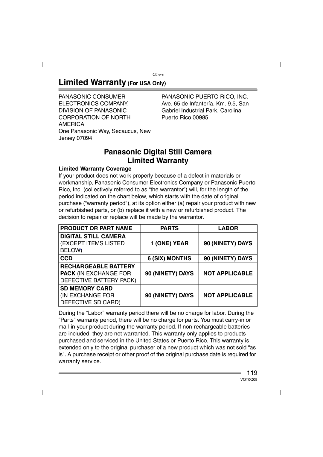 Panasonic DMC-FZ4PP, DMC-FZ5PP operating instructions Limited Warranty For USA Only, 119, Limited Warranty Coverage 